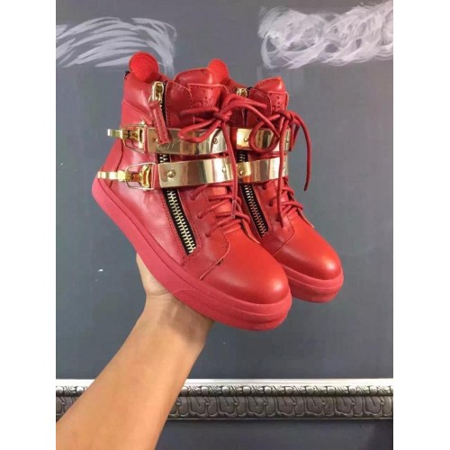 Giuseppe Zanotti Double Gold Bar Latch Clasp Leather High Top Sneakers in all red 